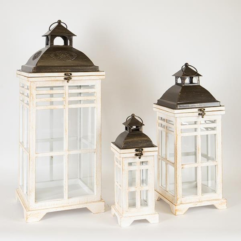 LANTERNS, WOODEN, WHITE, METAL TOP, BLACK, SET 3PCS, S: 14X14X34,M: 20X20X52, L: 26X26X67cm 752-10022
