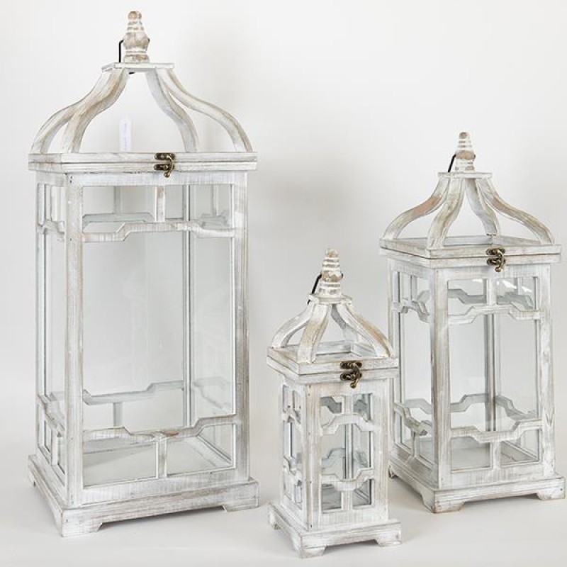 LANTERNS, WOODEN, WHITE, METAL TOP, SET 3PCS, S: 14X14X34,M: 20X20X52, L: 26X26X70cm 752-10023