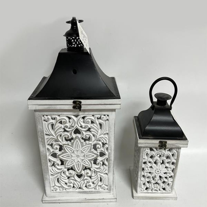 LANTERNS, WOODEN, WHITE, METAL TOP, BLACK, SET 2PCS, 24x18.5x50cm 752-10029