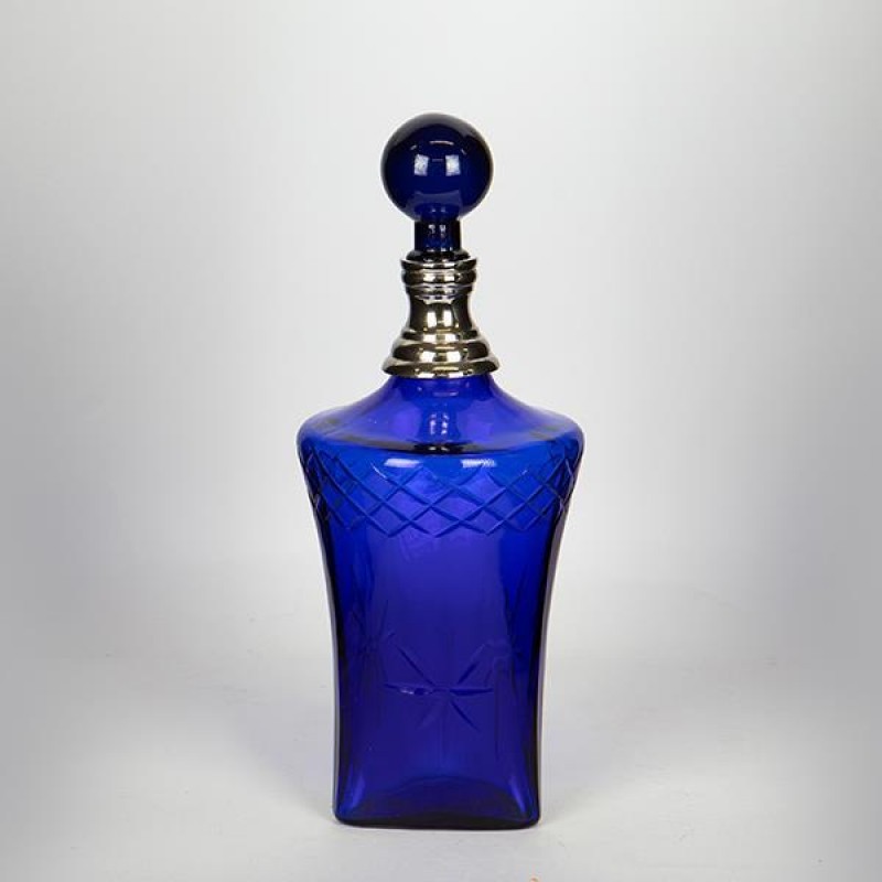 GLASS BOTTLE, WITH METAL NECK,  GLASS- METAL,  DARK  BLUE-SILVER, 30x11cm 752-10525