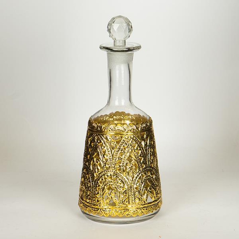GLASS BOTTLE, WITH METAL FITTING,GLASS- METAL, GOLD, 29x12,5cm 752-10531