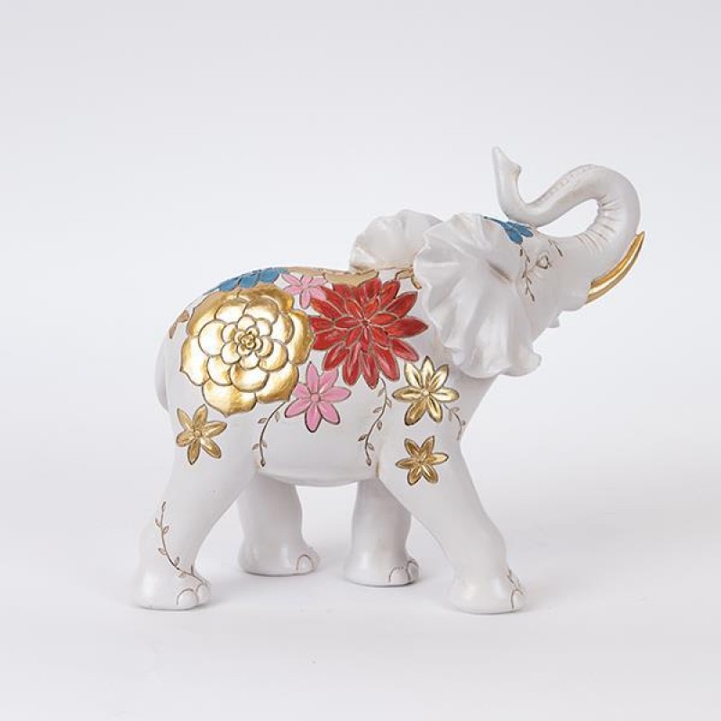 TABLE DECORATION, ELEPHANT,POLYRESIN,  WHITE WITH FLOWERS, 25x10x21cm 752-11618