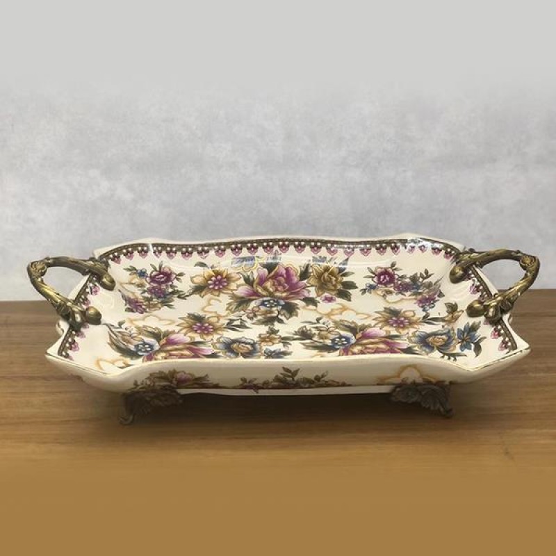 DECORATION PLATE, PORCELAIN, WHITE-GOLD WITH FLOWERS, 38x24.5x8.5cm 752-15019