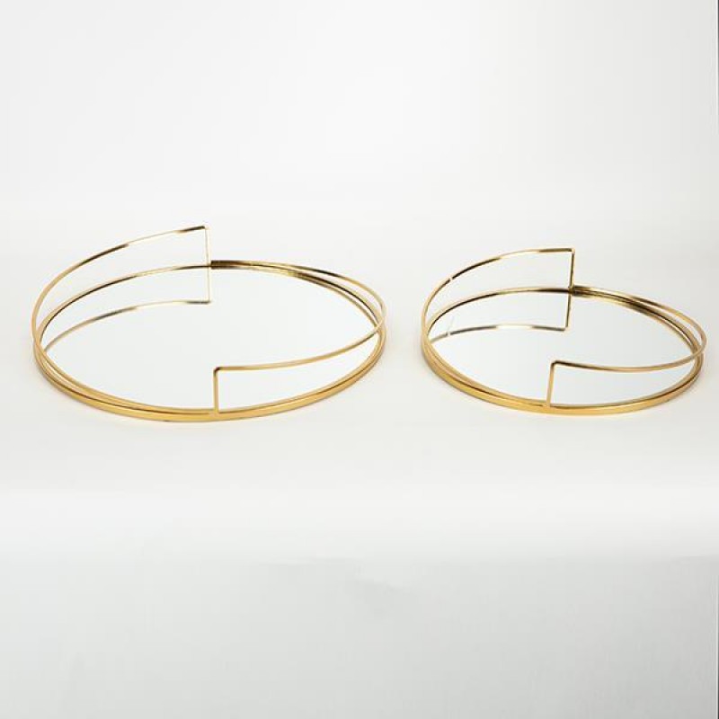 TRAY, METAL, WITH MIRROR, GOLD, SET 2PCS, L:D39x5, S:D30.5x5cm 752-16018