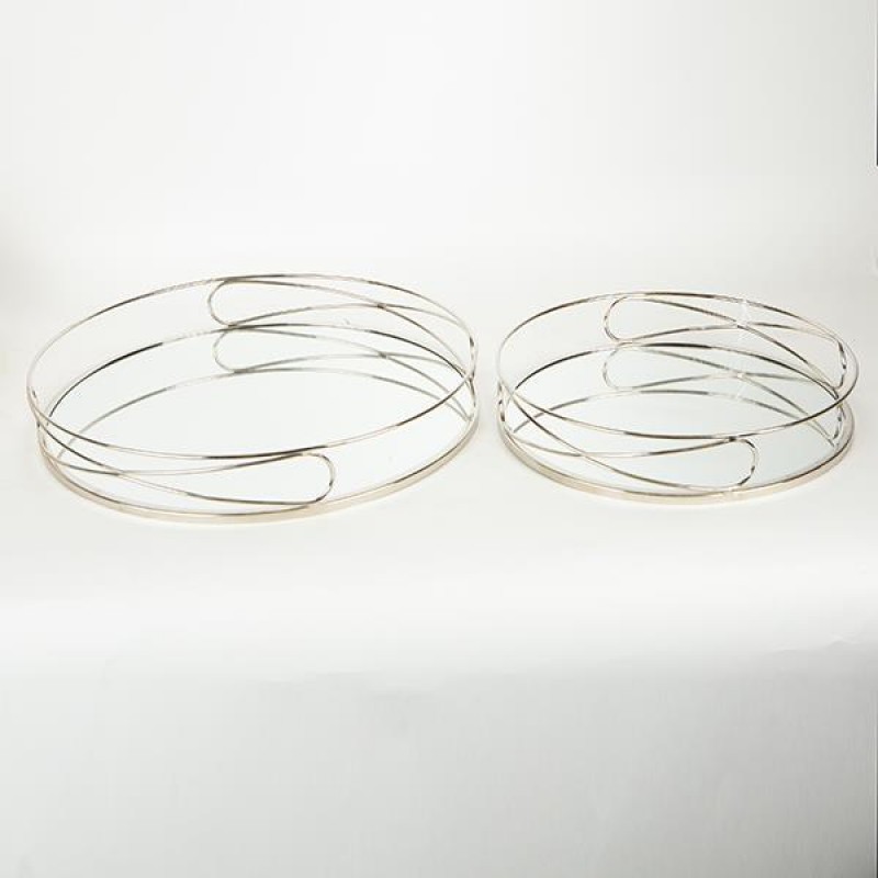 TRAY, METAL,  WITH MIRROR, SILVER,SET 2PCS, L:D39x6, S:D30.5x6cm 752-16022