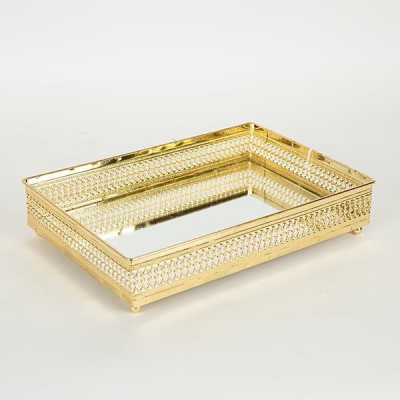 TRAY, METAL, WITH MIRROR, GOLD, 26x19x6cm 752-16024