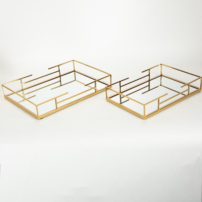 TRAY, METAL, WITH MIRROR, GOLD,SET 2PCS, L:35x25x5.5, S:30.5x20x5.5cm 752-16031