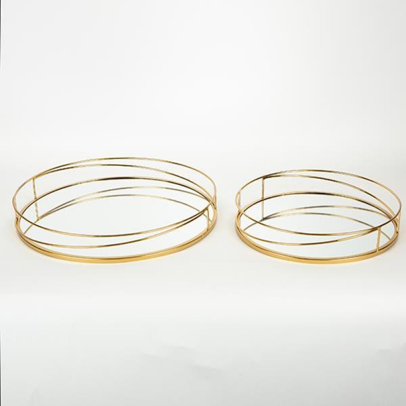 TRAY, METAL, WITH MIRROR, GOLD,SET 2PCS, L:D39x5.5, S:D30.5x5.5cm 752-16032