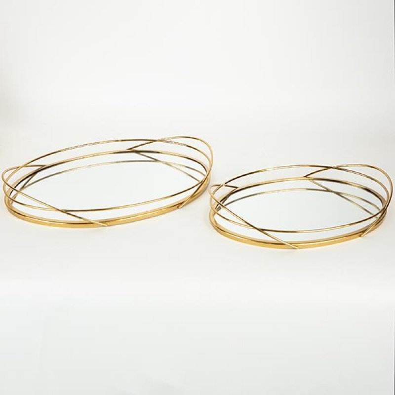 TRAY OVAL, METAL, WITH MIRROR, GOLD,SET 2PCS, L:35x25x5.5, S:30.5x20x5.5cm 752-16036