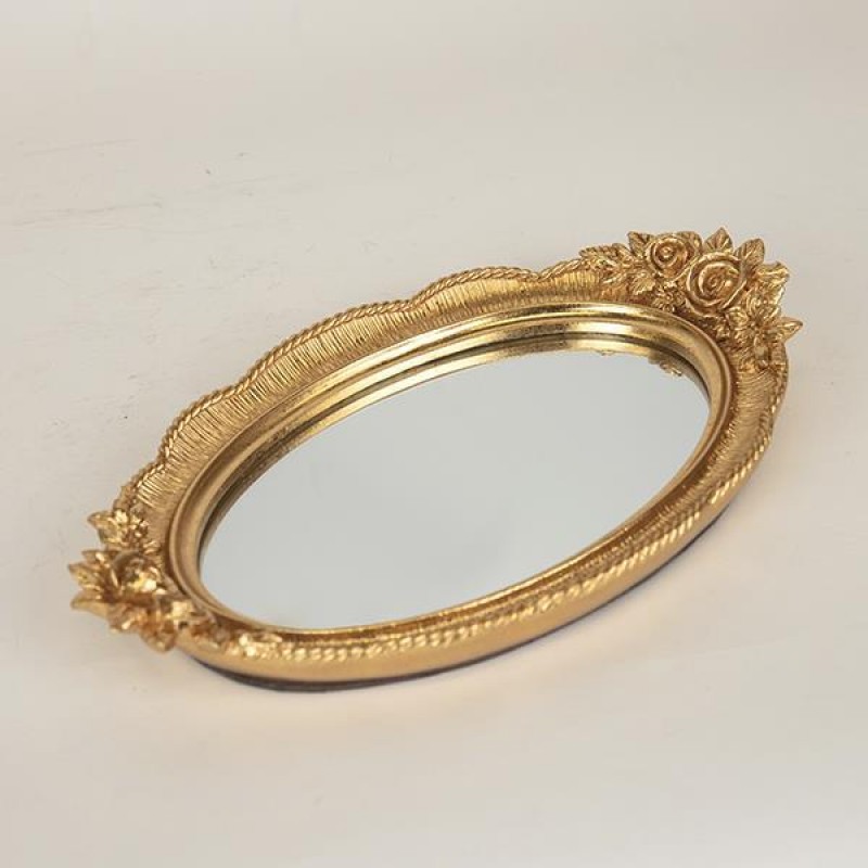 TRAY, POLYRESIN, WITH  MIRROR, GOLD,30x18.8x3.5 752-16038