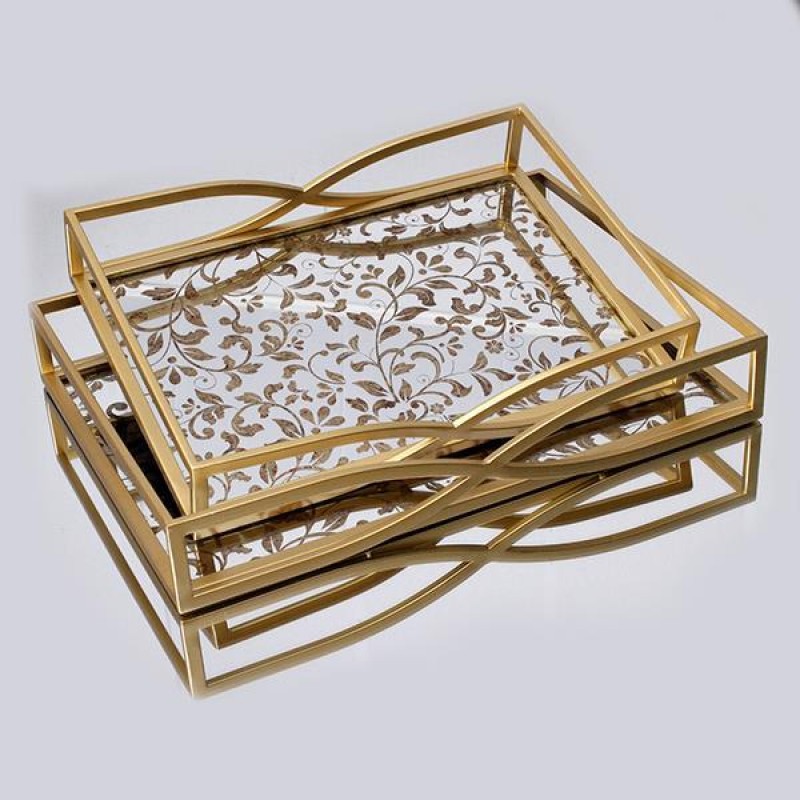 TRAY, METAL, WITH MIRROR, GOLD,SET 2PCS, L:42x30x6,5, S:36x26x6.5cm 752-16044