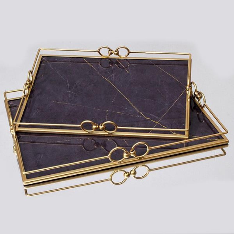 TRAY, METAL, WITH MIRROR, GOLD,SET 2PCS, L:40x30x4.5, S:35x25x3.5cm 752-16046