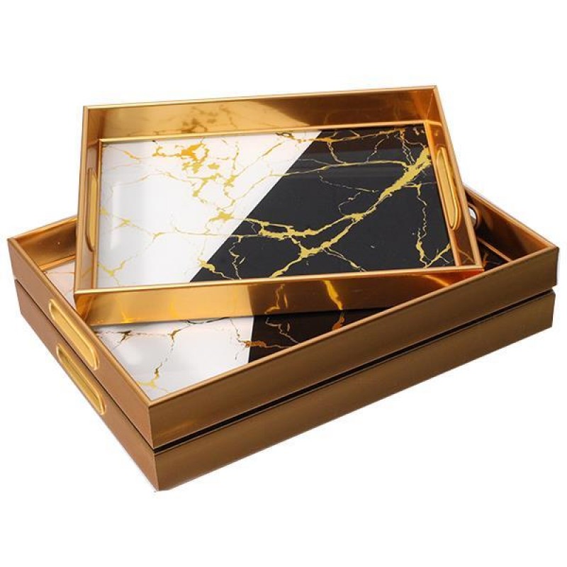 TRAY,PS, WITH GLASS, GOLD-BLACK-WHITE, SET 2PCS, L:40x30x4.5, S:35x25x4.5cm 752-16050