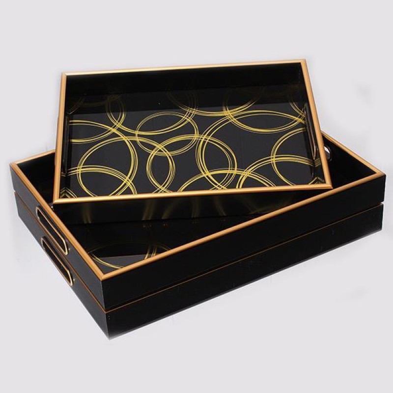 TRAY, PS, WITH GLASS, GOLD-BLACK,SET 2PCS, L:40x30x4.5, S:35x25x4.5cm 752-16053