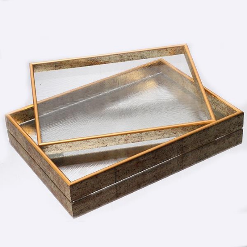 TRAY, PS, WITH GLASS, GOLD,SET 2PCS, L:36x26x3.5, S:32x22x2.8cm 752-16056