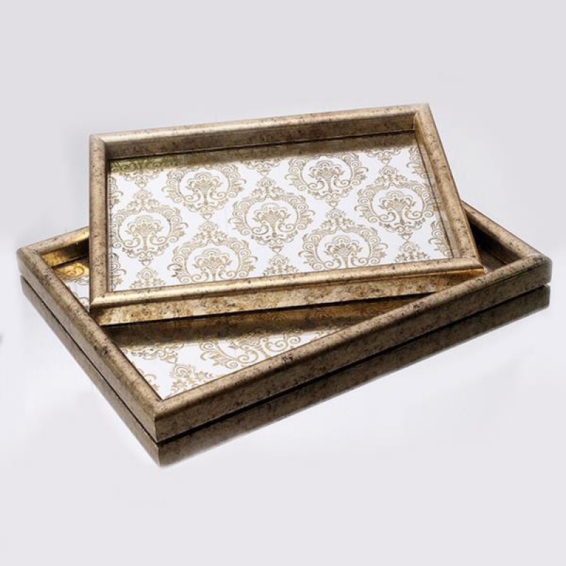 TRAY, PS, WITH MIRROR, GOLD,SET 2PCS,  L:40x30x2.8, S:35x28x2.8cm 752-16057