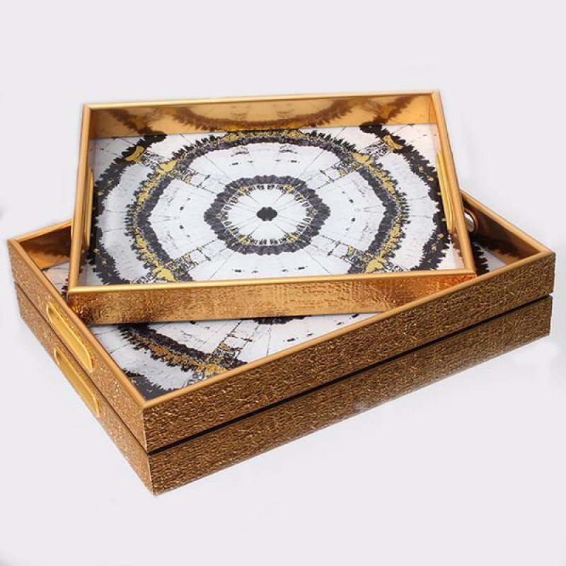 TRAY, PLASTIC, GOLD, WHITE, SET 2PCS, L:40x30x4.5cm,  S:35x25x4.5cm 752-16091