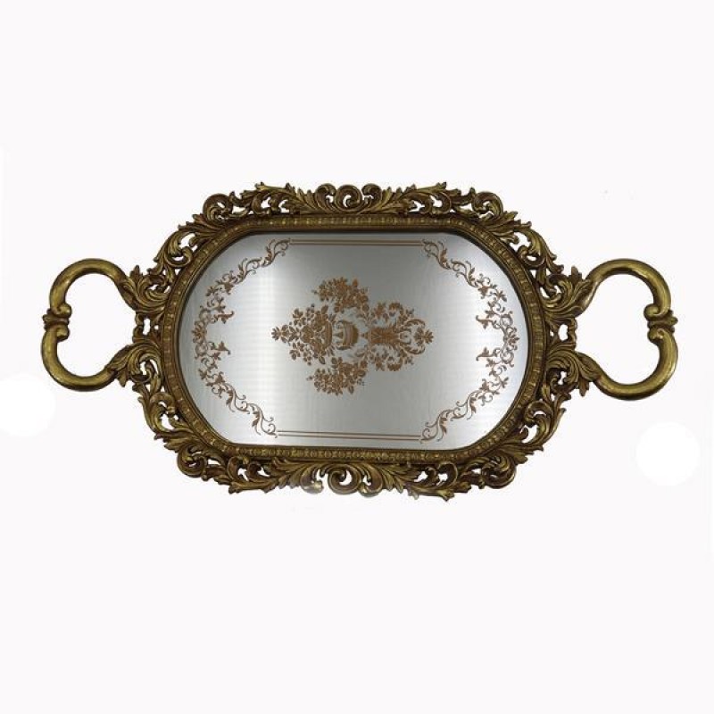 TRAY, WITH MIRROR,  POLYRESIN, ANTIQUE GOLD, 51.4x27x4.5cm 752-16115