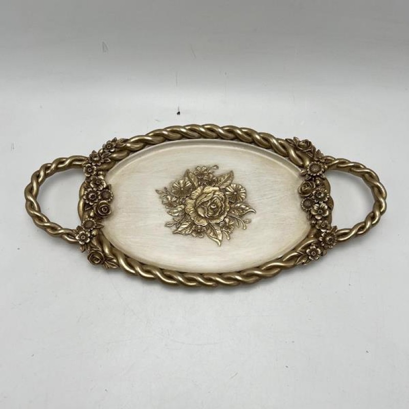 TRAY, POLYRESIN, GOLD & WHITE WITH FLOWERS, 38.5x20x3.5cm 752-16128