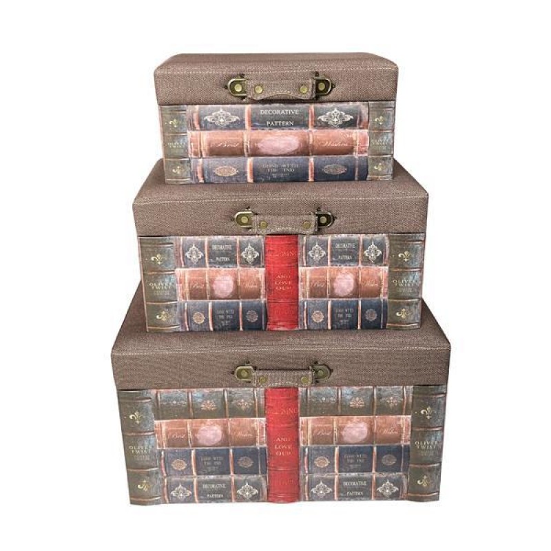 DECORATIVE BOOK BOX, WOODEN, BROWN, PINK, SET 3PCS,  58x35x32, 48x28x25, 38x21x19cm 752-17028