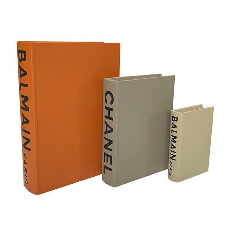 DECORATIVE BOOK BOX, ORANGE, BEIGE, GREY, SET 3PCS,  30x21.5x6 , 23x17x4.5, 16x11x3cm 752-17032