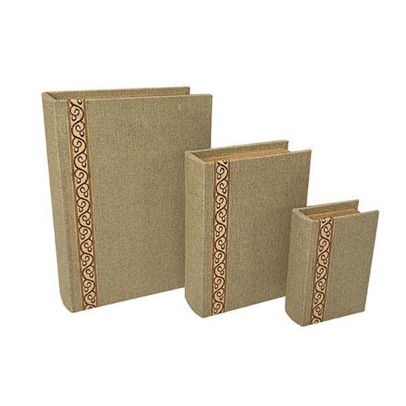 DECORATIVE BOOK BOX, WOODEN, BEIGE, LINEN, WITH DESIGN, SET 3PCS,  30x21.5x6 , 23x17x4.5, 16x11x3cm 752-17035