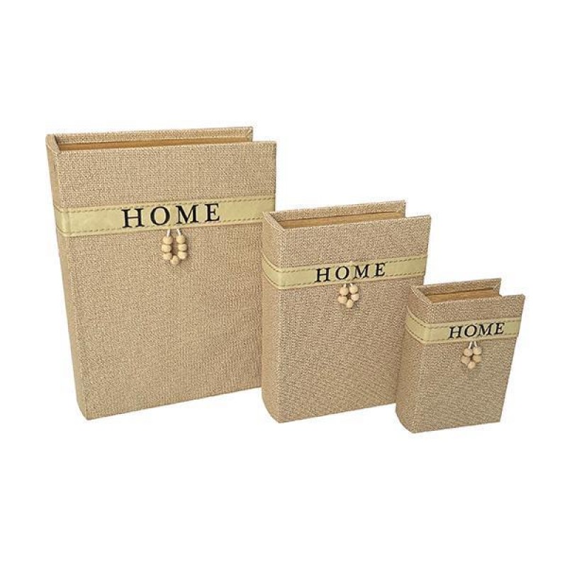 DECORATIVE BOOK BOX, WOODEN, BEIGE, WITH DESIGN, SET 3PCS,  30x21.5x6 , 23x17x4.5, 16x11x3cm 752-17036
