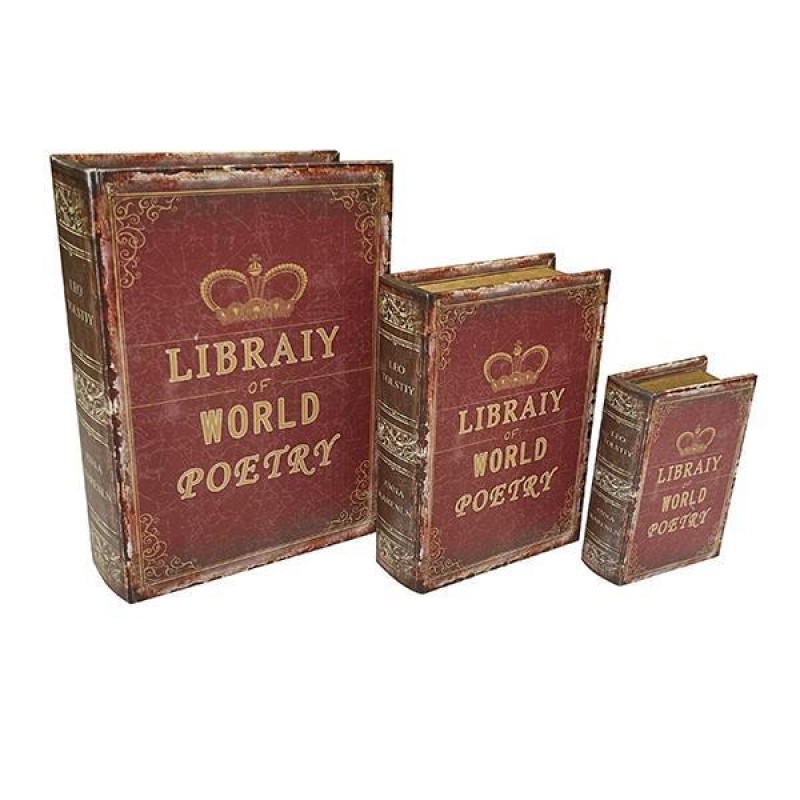 DECORATIVE BOOK BOX, WOODEN, RED, SET 3PCS,  30x21.5x6 , 23x17x4.5, 16x11x3cm 752-17040