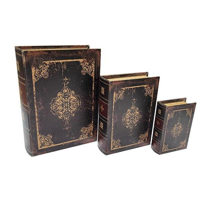 ДЕКОРАТИВНА КУТИЯ КНИГА, ДЪРВЕНА, КАФЯВА, КОМПЛЕКТ 3 БР.