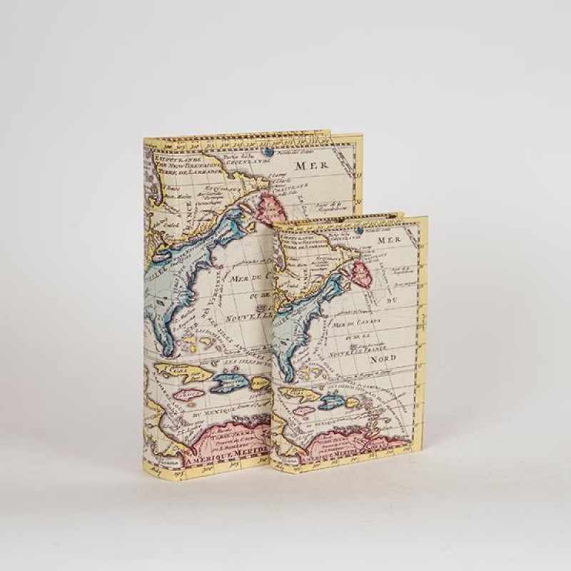 DECORATIVE BOOK BOX, WOODEN, WHITE, MAP DESIGN,  SET 2PCS,  27x5x19cm 752-17066