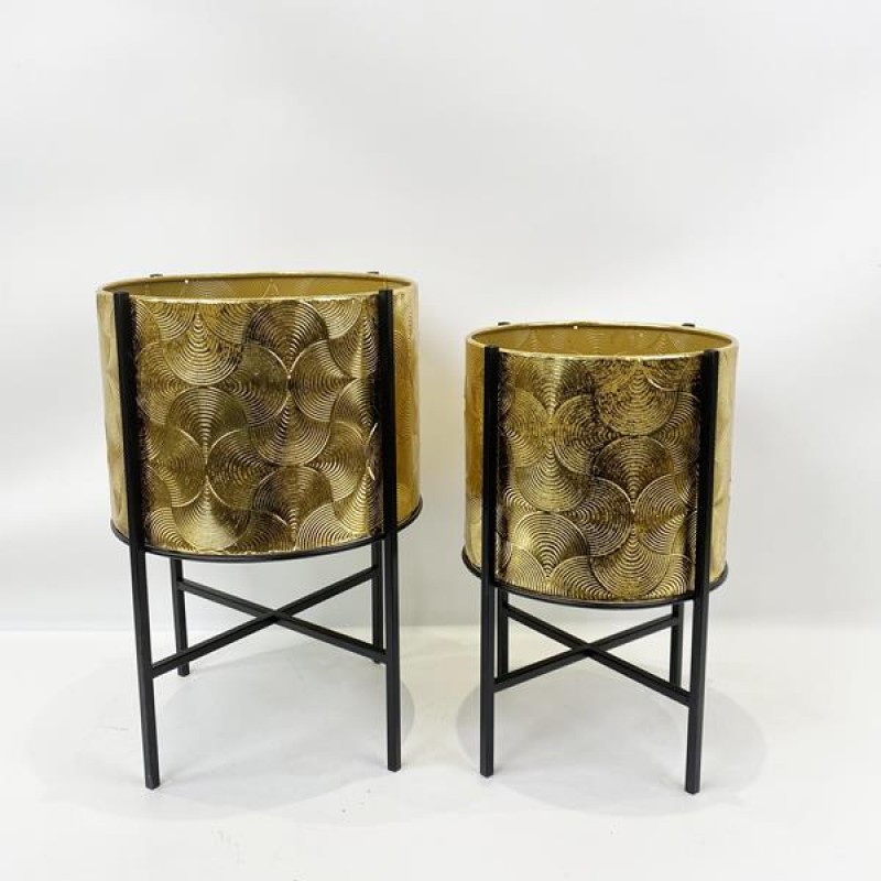 POT, SET 2PCS, BLACK & GOLD, METALIC STAND, L:30x30x46 ,S:25x25x41 752-18095