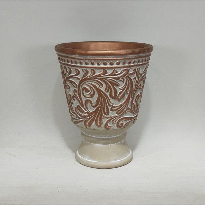 VASE, CEMENT, BRONZE & WHITE,WITH LEAFS DESIGN , 17.5x17.5x21.5cm 752-18097