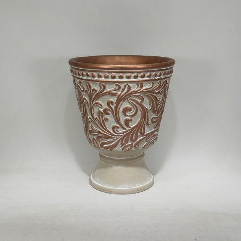 VASE, CEMENT, BRONZE & WHITE,WITH LEAFS DESIGN , 20.5x20.5x25.5cm 752-18098