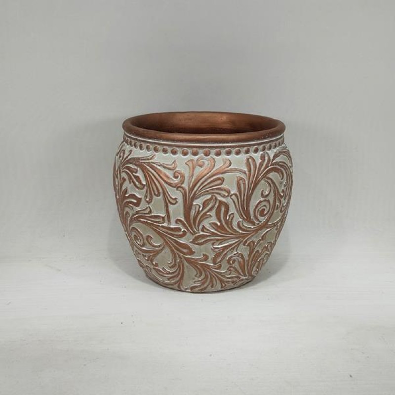 POT, CEMENT, BRONZE & WHITE,WITH LEAFS DESIGN , 20.5x20.5x18cm 752-18099