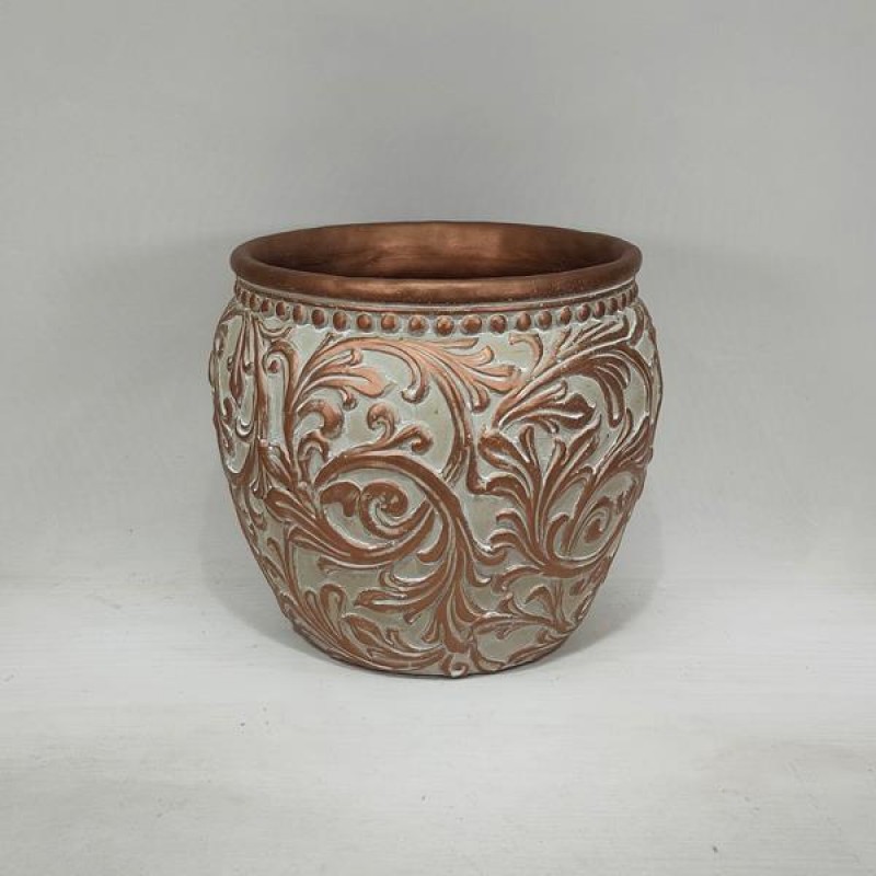 POT, CEMENT, BRONZE & WHITE,WITH LEAFS DESIGN , 23.5x23.5x20.5cm 752-18100