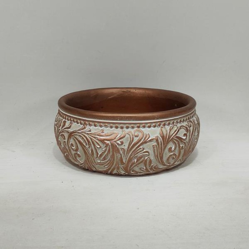 POT,CEMENT, BRONZE & WHITE,WITH LEAFS DESIGN , 21.5x21.5x8.5cm 752-18101