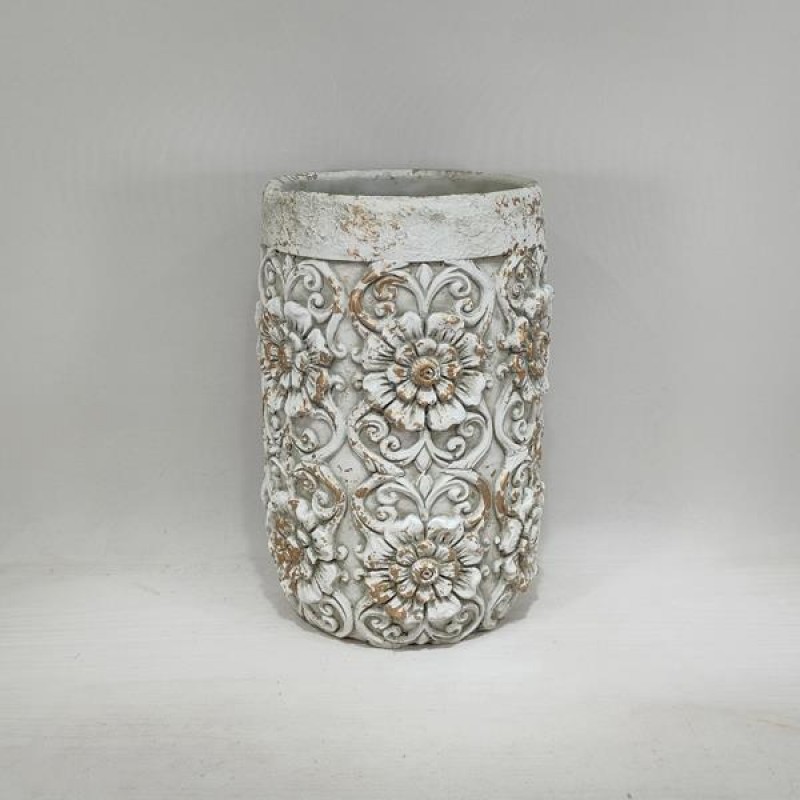 VASE, CEMENT, WHITE,WITH LEAFS DESIGN , 19.5x19.5x29cm 752-18111