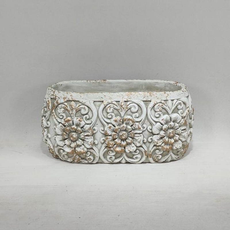 POT, CEMENT, WHITE,WITH LEAFS DESIGN , 27x14x12cm 752-18114