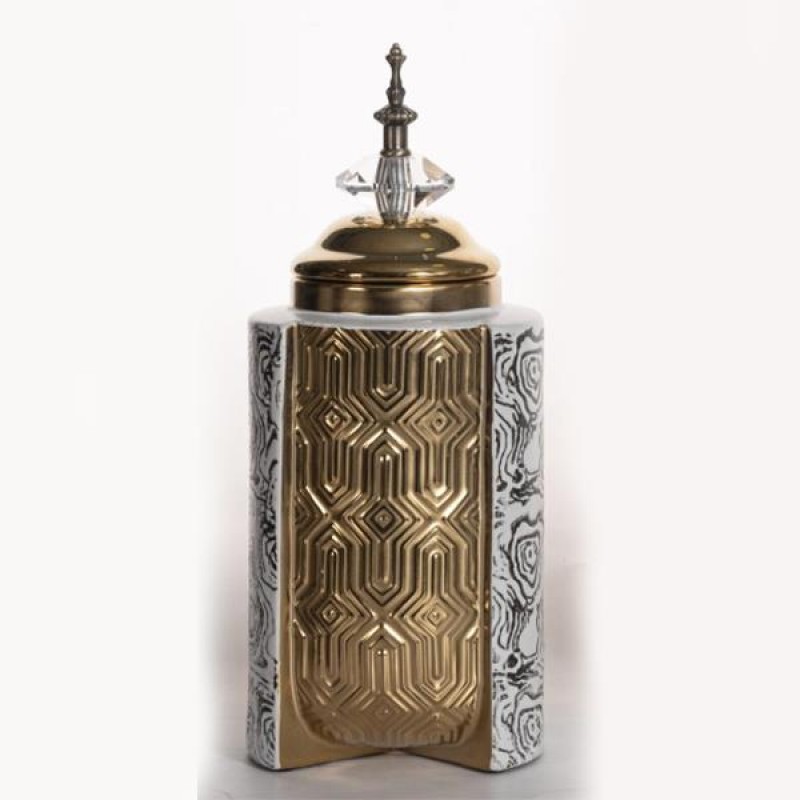 VASE WITH TOP, CERAMIC, GOLD & SILVER,12x12x28cm 752-20043