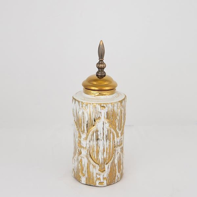 VASE WITH TOP, CERAMIC, WHITE & GOLD, 12x12x31,5cm 752-20057