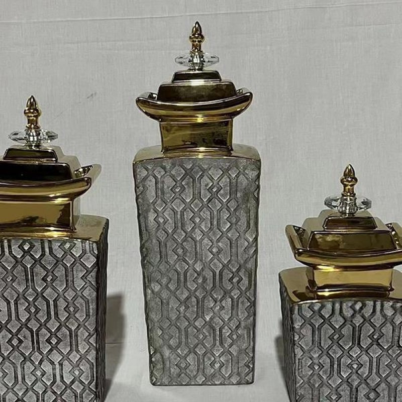 VASE WITH TOP, CERAMIC, GREY & GOLD,  14.5x10x44cm 752-20085