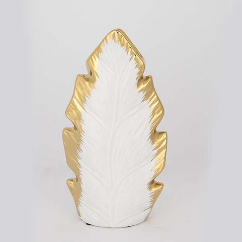 VASE , CERAMIC, WHITE & GOLD, LEAVE DESIGN, 15.5x6.5x30cm 752-20089