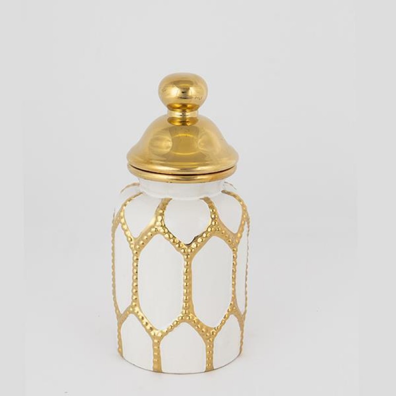 КЕРАМИЧНА ВАЗА С КАПАК, БЯЛА И ЗЛАТНА, 12.5X26 СМ КЕРАМИЧНА ВАЗА С КАПАК, БЯЛА И ЗЛАТНА, 12.5X26 СМ