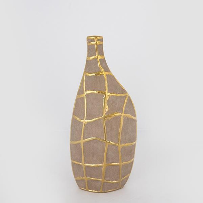 VASE, CERAMIC,BROWN & GOLD,  15x8.5x35cm 752-20133