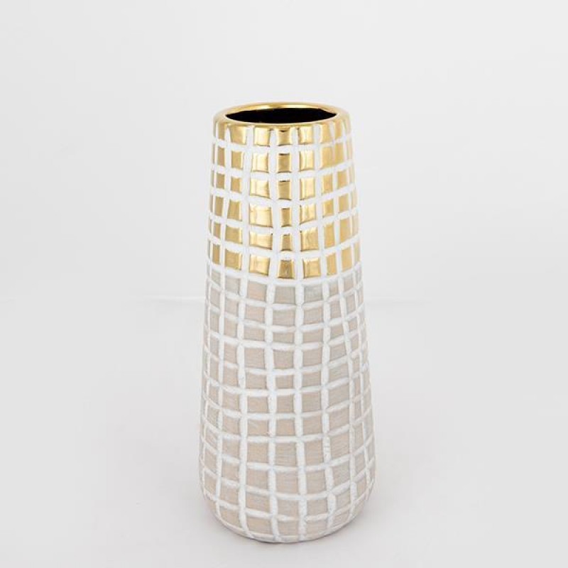 VASE, CERAMIC,BEIGE & GOLD, 11.5x11.5x25.5cm 752-20135