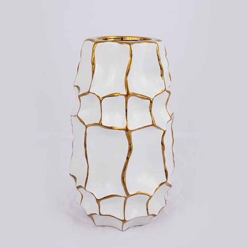 VASE, CERAMIC, WHITE & GOLD,14.5x14.5x25cm 752-20170
