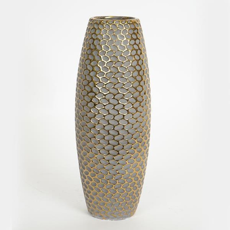 VASE, CERAMIC, GREY & GOLD,12.3x12.3x32cm 752-20239