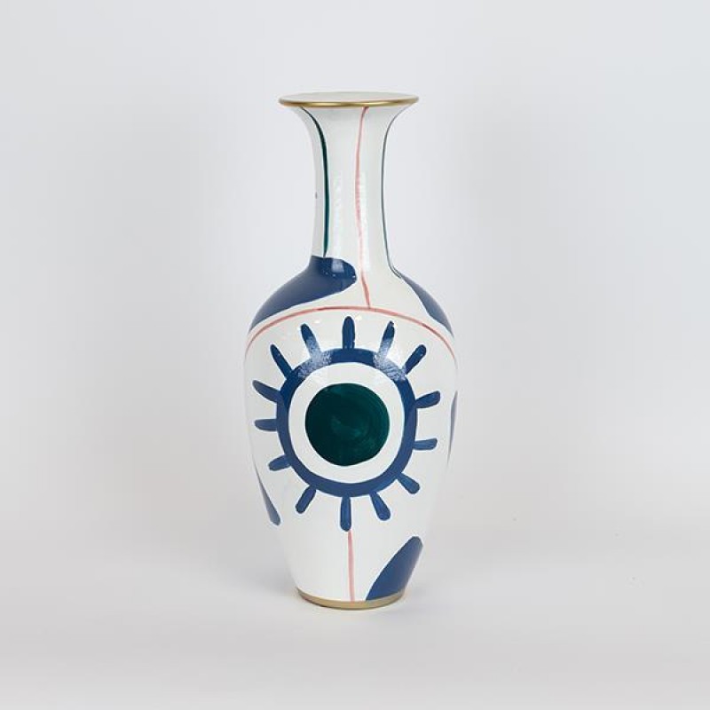 VASE, CERAMIC, WHITE-BLUE-GOLD, EYE DESIGN, 16x16x37cm 752-20250
