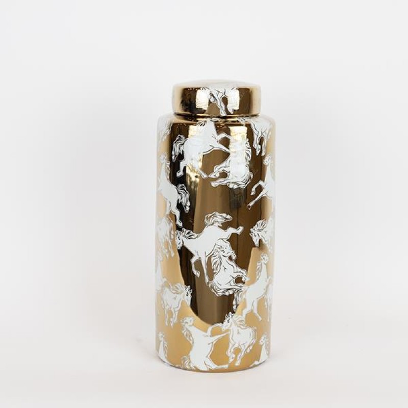 VASE, WITH TOP, CERAMIC, GOLD & WHITE, 15x15x36cm 752-20320