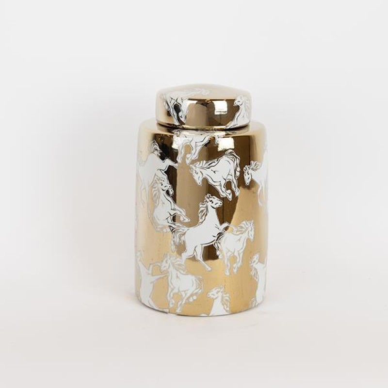 VASE, WITH TOP, CERAMIC, GOLD & WHITE,16x16x25CM 752-20321